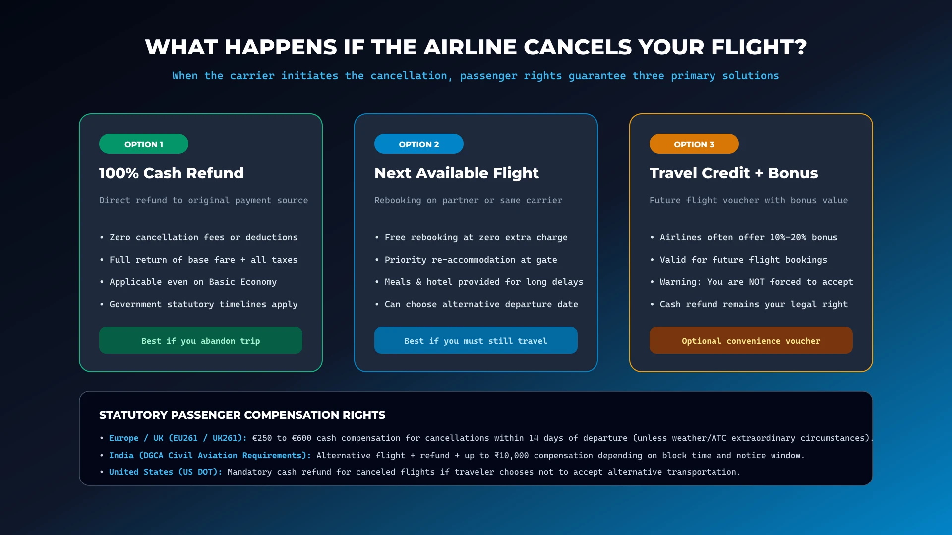 Options available to passengers when an airline cancels their flight including refunds and rebooking