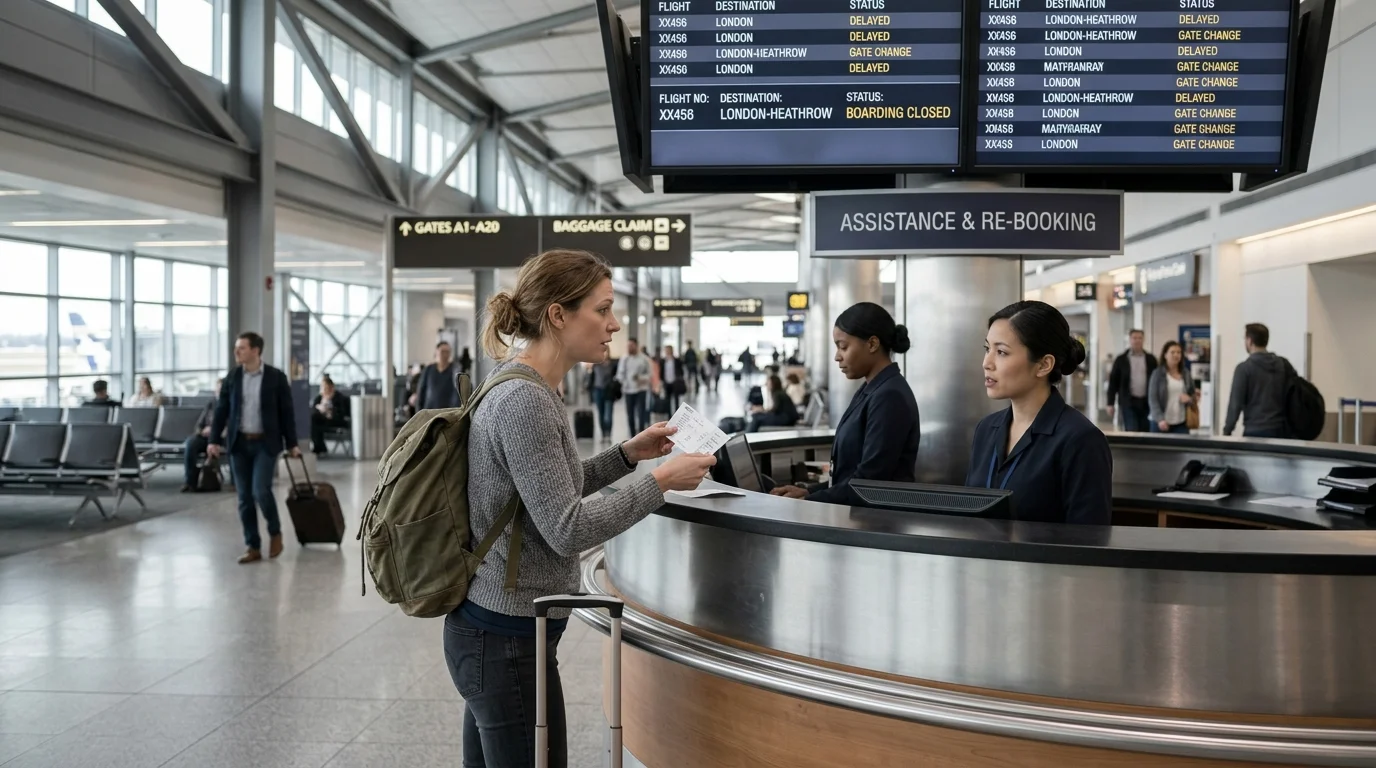 Traveler seeking help after an airline delay causes a missed connection