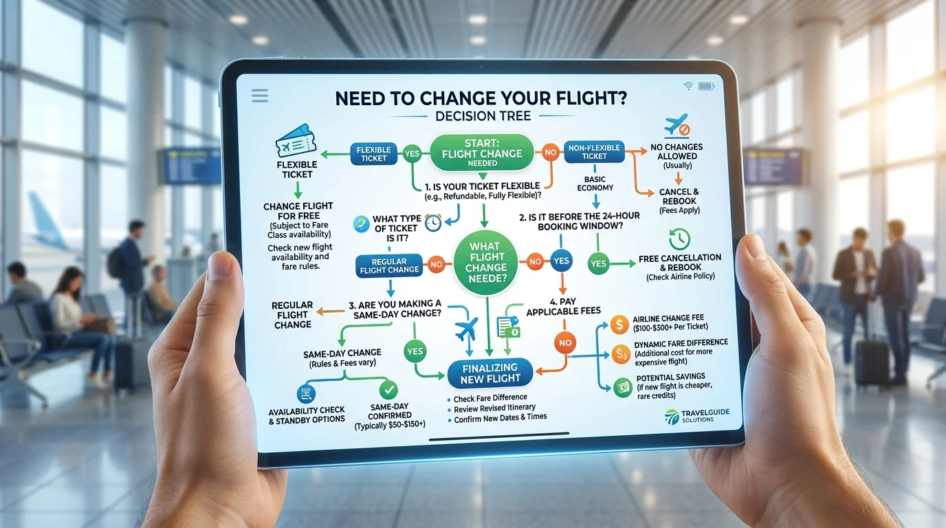 Flowchart illustrating the decision process for modifying a flight ticket based on fare class and carrier changes