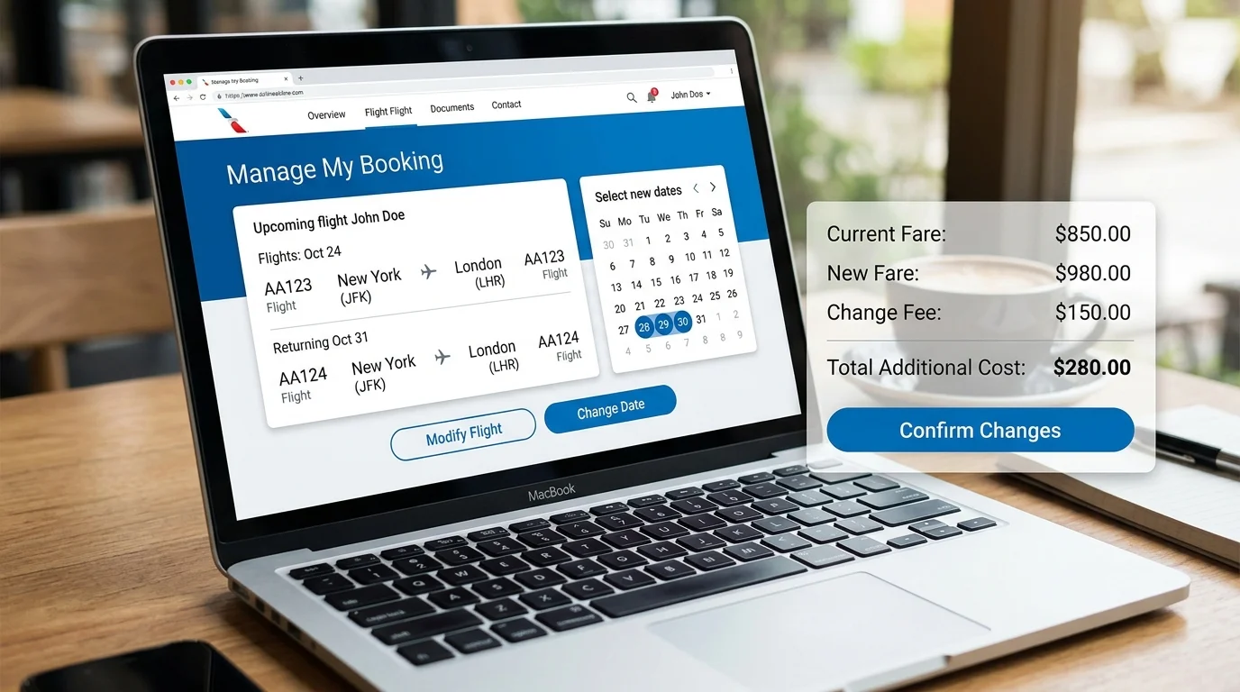 Digital interface of an airline Manage Booking page displaying flight change and date selection buttons