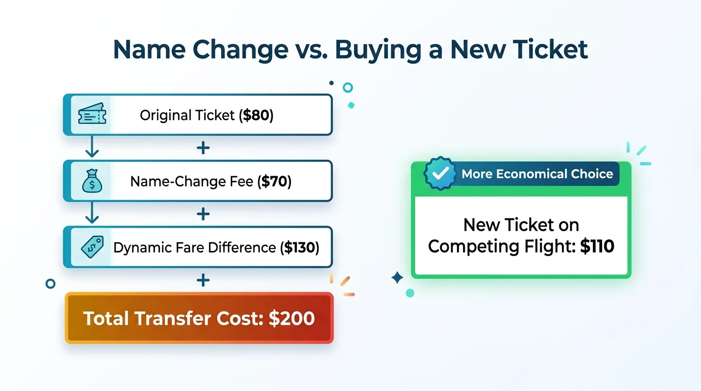 Diagram comparing the total cost of an airline name-change fee plus fare difference against buying a new ticket.