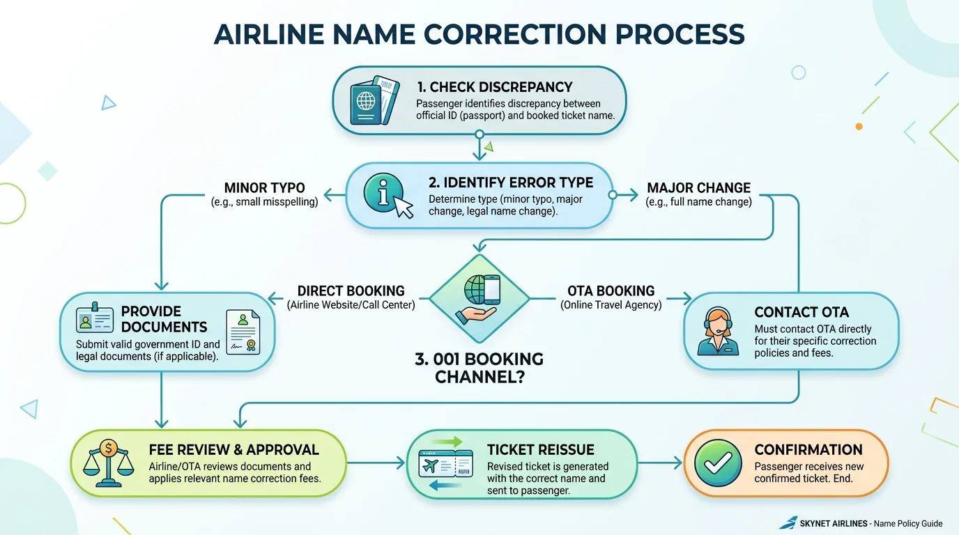 Airline ticket name correction process flowchart by booking channel