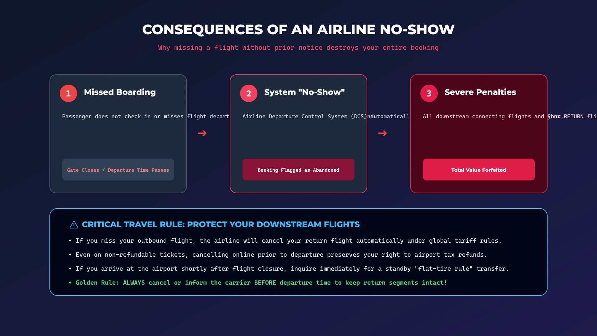Flowchart showing how a no-show results in forfeited ticket value and cancelled return flights