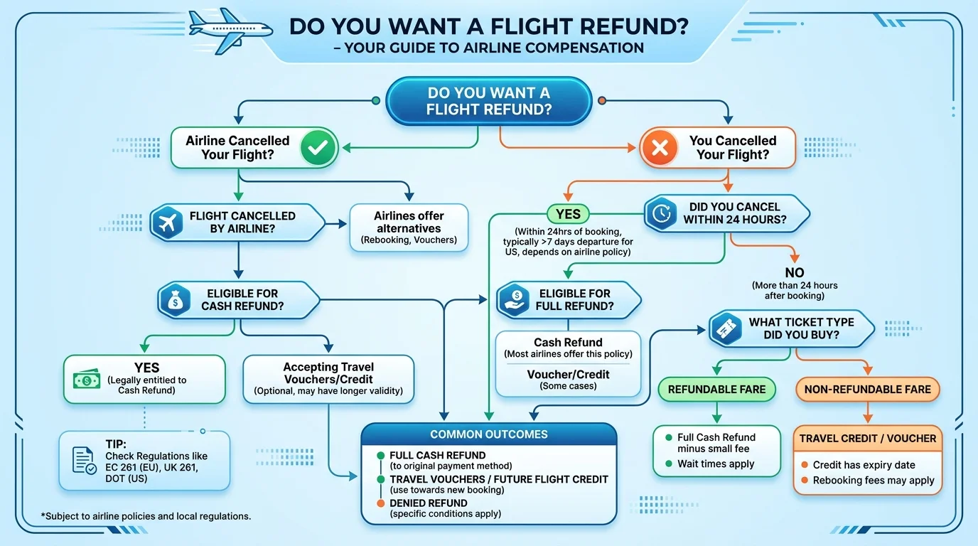 Decision flowchart outlining steps to determine airline refund eligibility