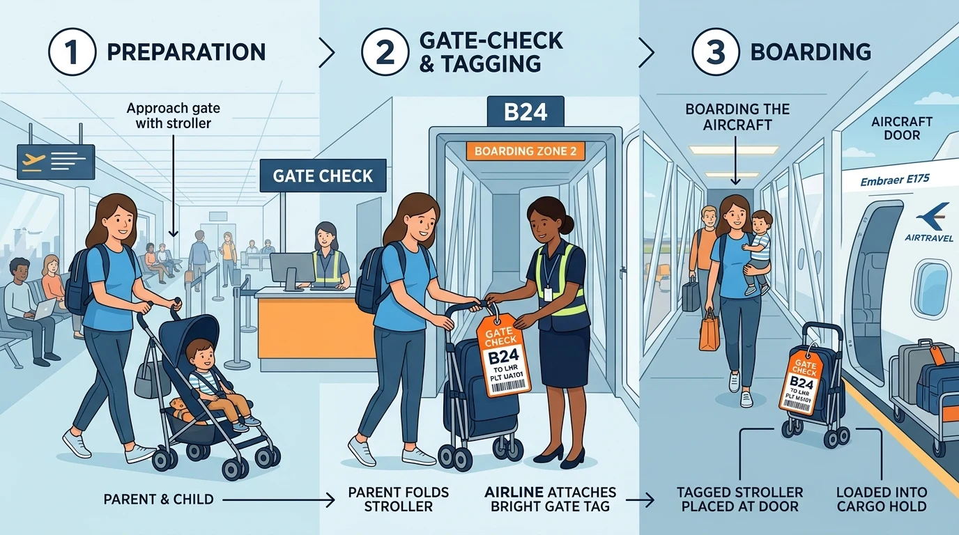 Infographic illustrating the gate-checking process for a baby stroller at an airplane boarding bridge