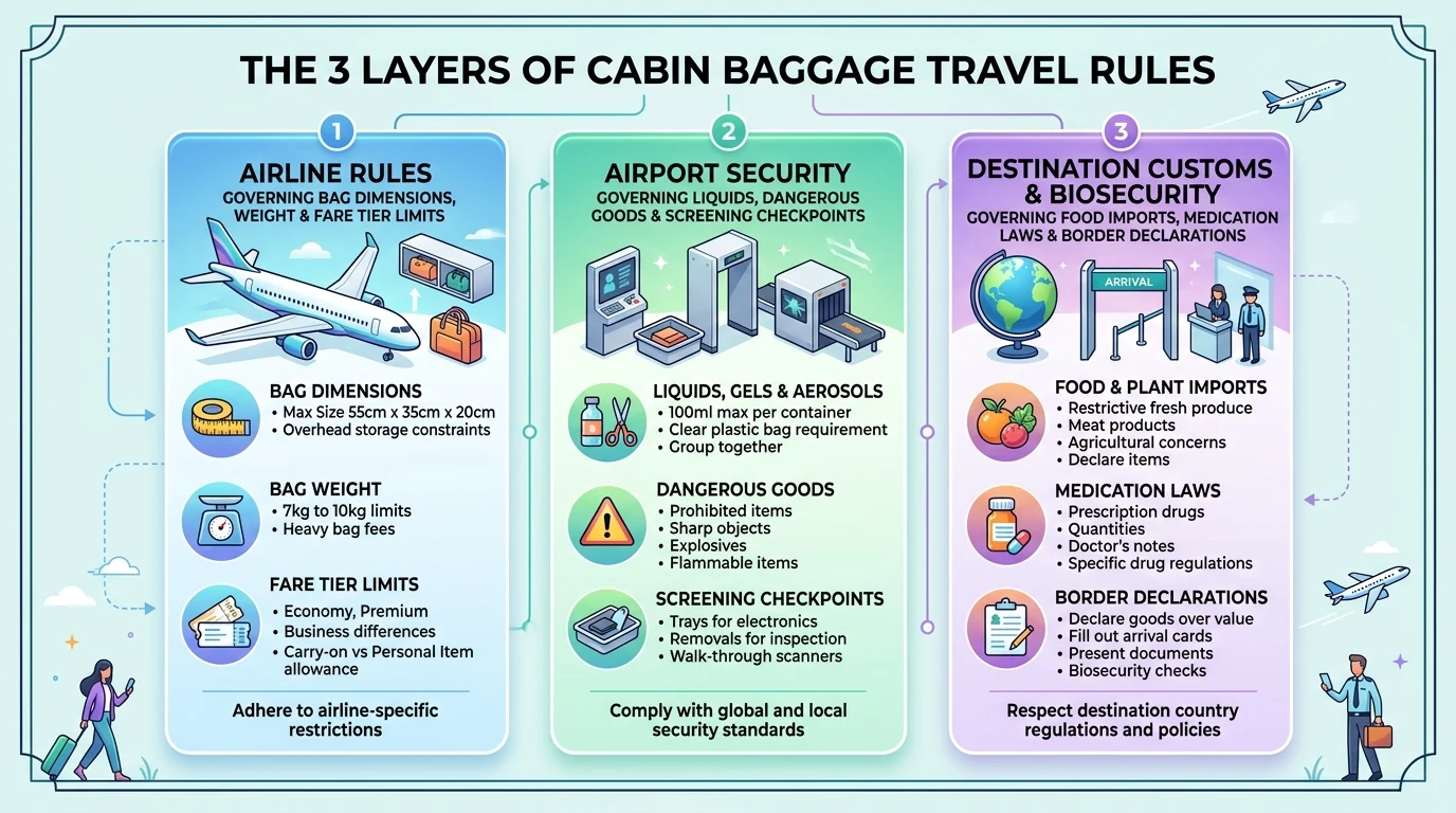 Infographic diagram contrasting airline baggage limits, airport security screening, and destination customs regulations