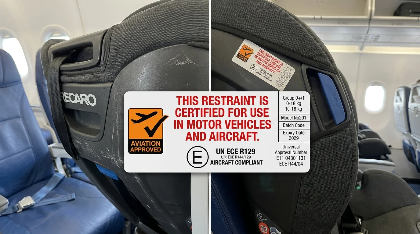 Close up of an FAA and international aviation approval label on a child car seat