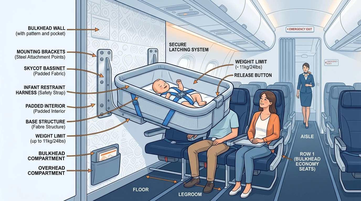Diagram of an airplane baby bassinet attached to a bulkhead seat partition wall
