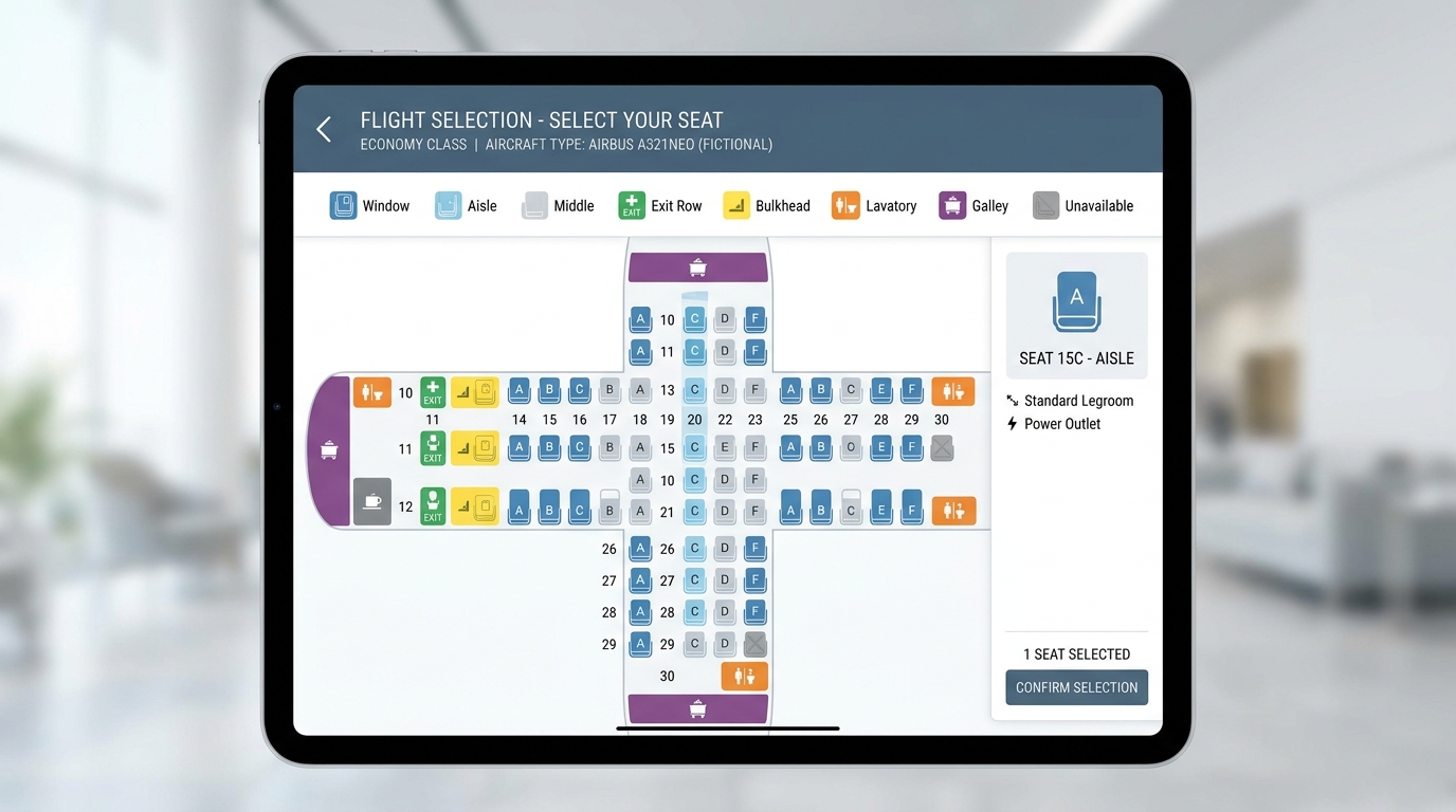 Example airplane seat map showing window, aisle, exit row and bulkhead seats