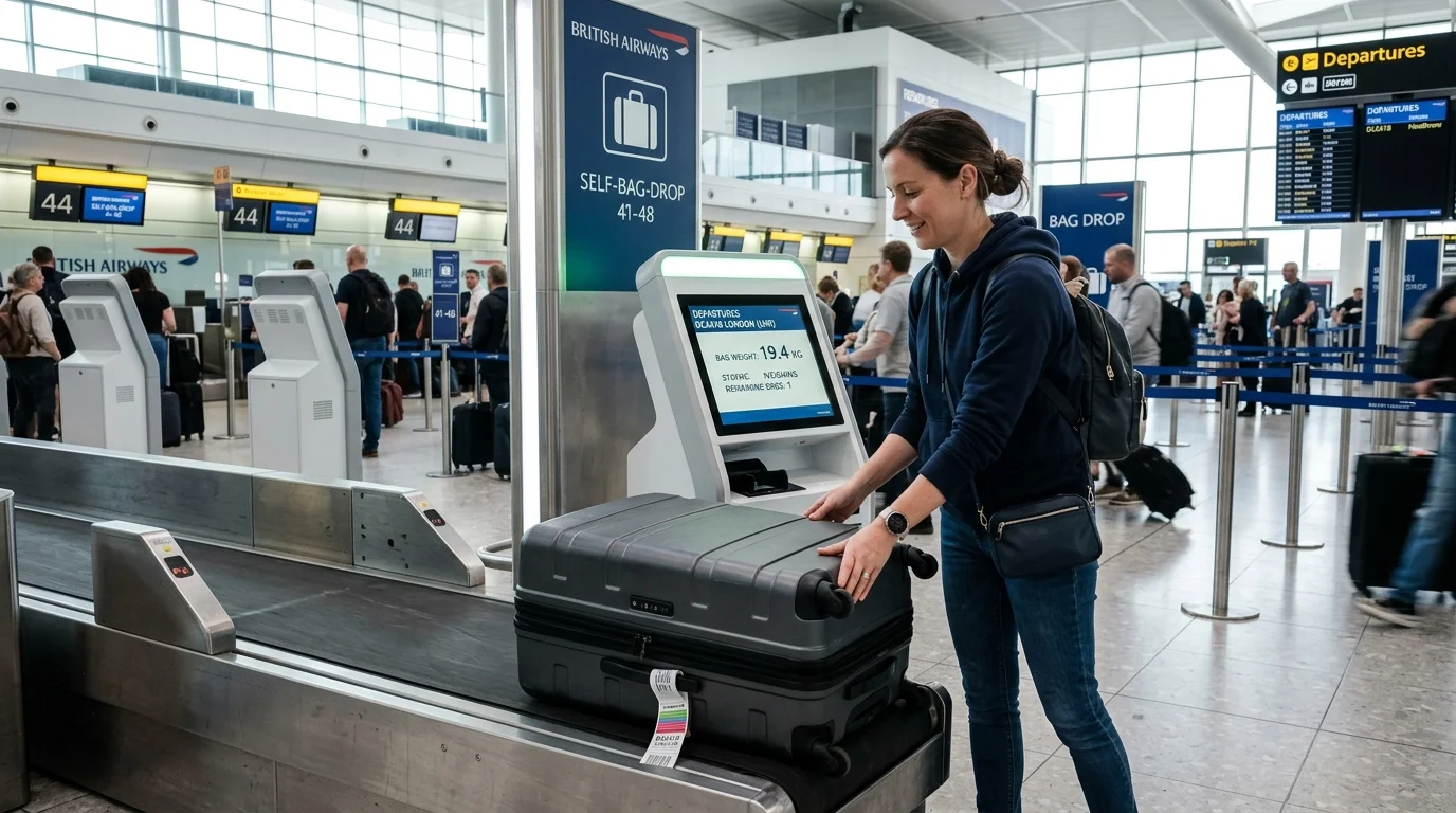 Passenger placing a tagged suitcase onto an automated airport bag-drop belt