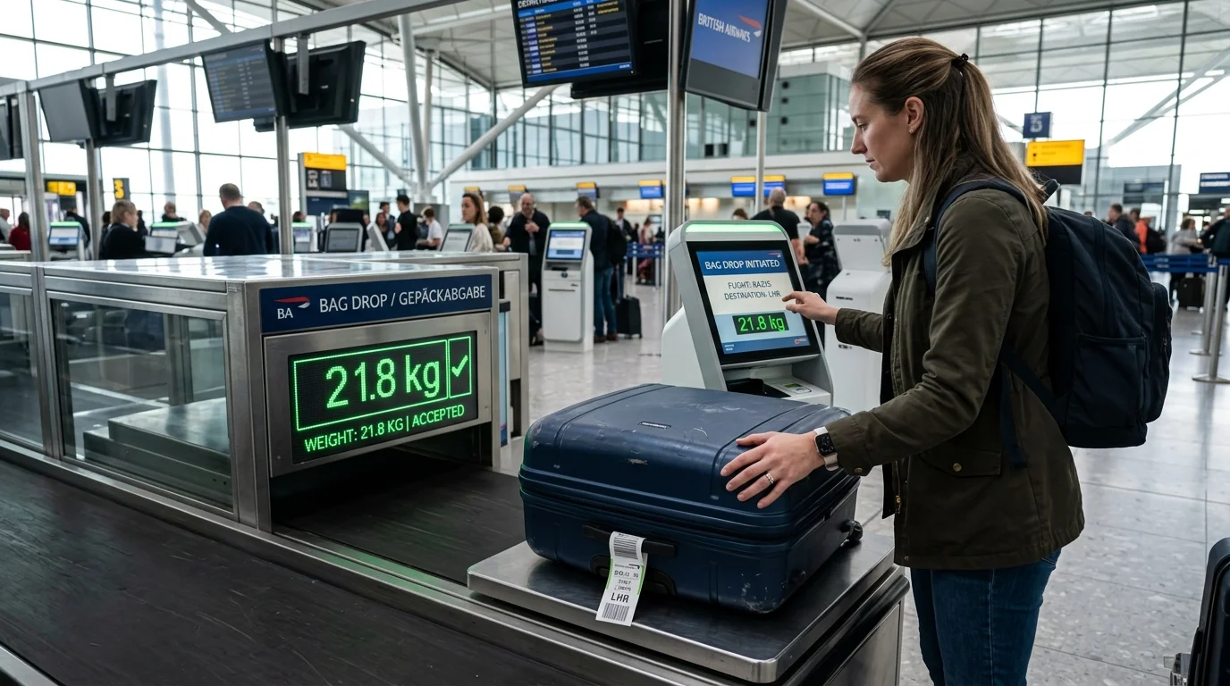 Traveler dropping a 23 kg suitcase onto a digital scale at an airport bag-drop desk