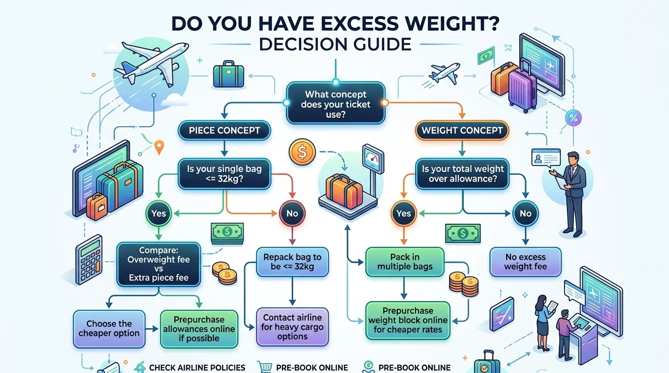 Flowchart showing passenger options when checked baggage exceeds airline weight limits