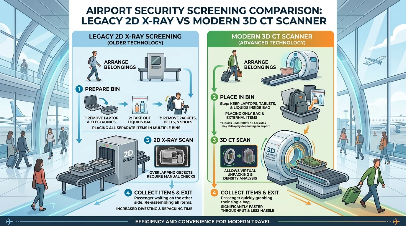 Step-by-step security checkpoint guide showing how to prepare cabin bags for legacy 2D scanners versus advanced 3D CT lanes