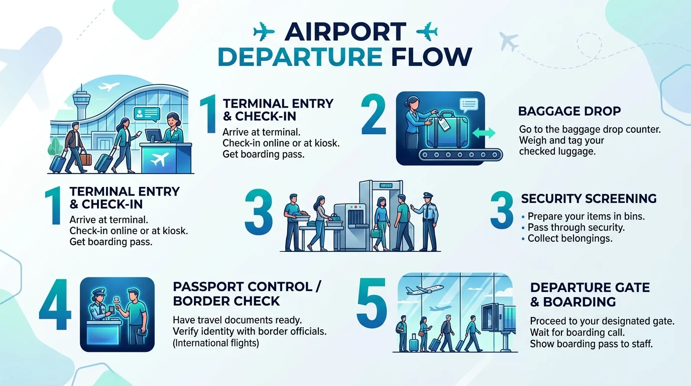 Step-by-step terminal journey showing check-in, baggage drop, security screening, immigration, and boarding