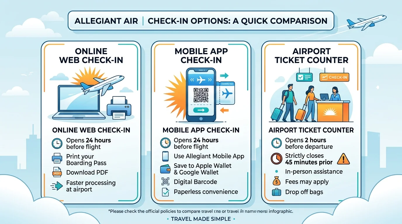 Infographic comparing Allegiant Air online, mobile app, and airport check-in options