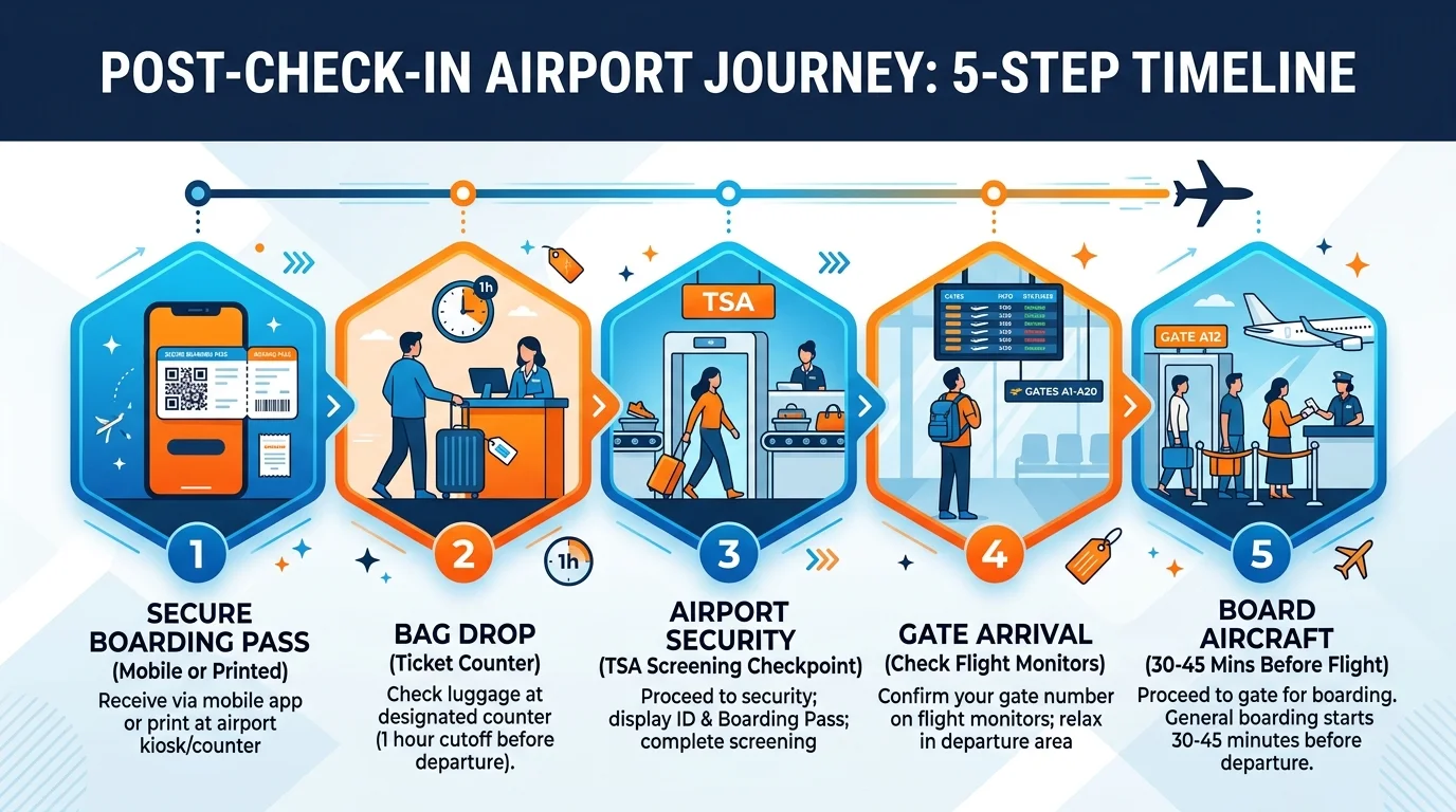 Step by step airport timeline from check-in and bag drop to TSA security and boarding gate