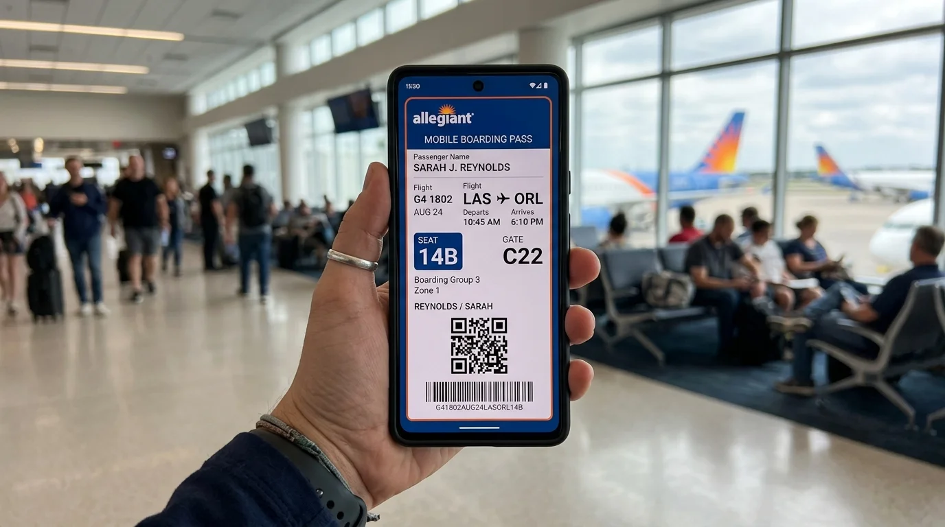 Digital Allegiant Air mobile boarding pass displayed on a smartphone screen