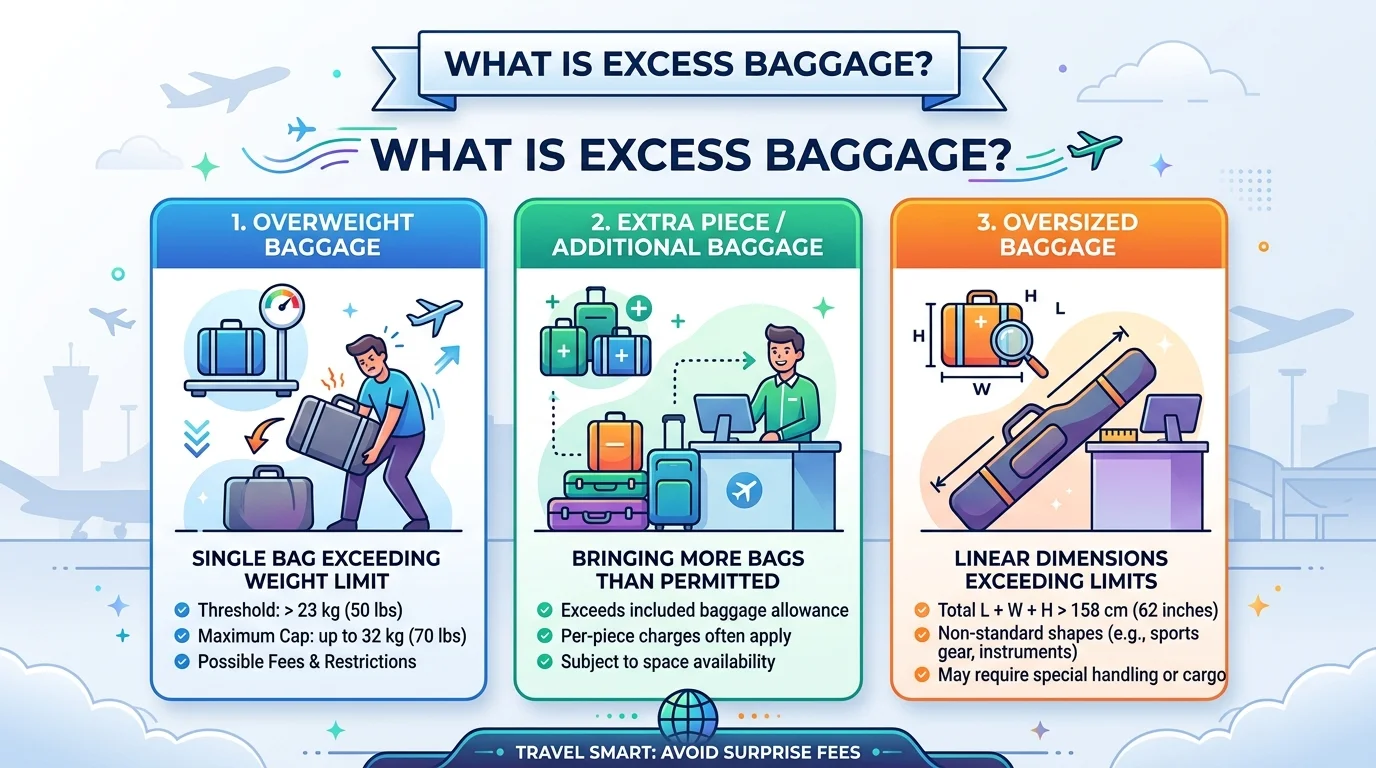 Diagram illustrating ticketed baggage allowance compared to extra weight, additional pieces, and oversized dimensions