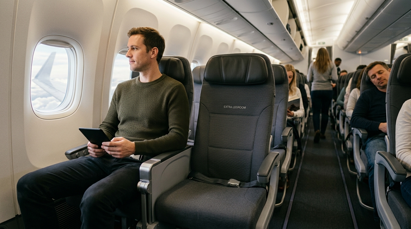 Tall traveler using an extra-legroom airplane seat