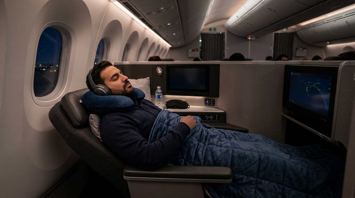 Traveler relaxing in a comfortable seat during a long-haul flight