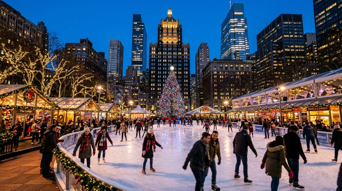 Ice skaters on the outdoor rink at the Bryant Park Winter Village in New York City