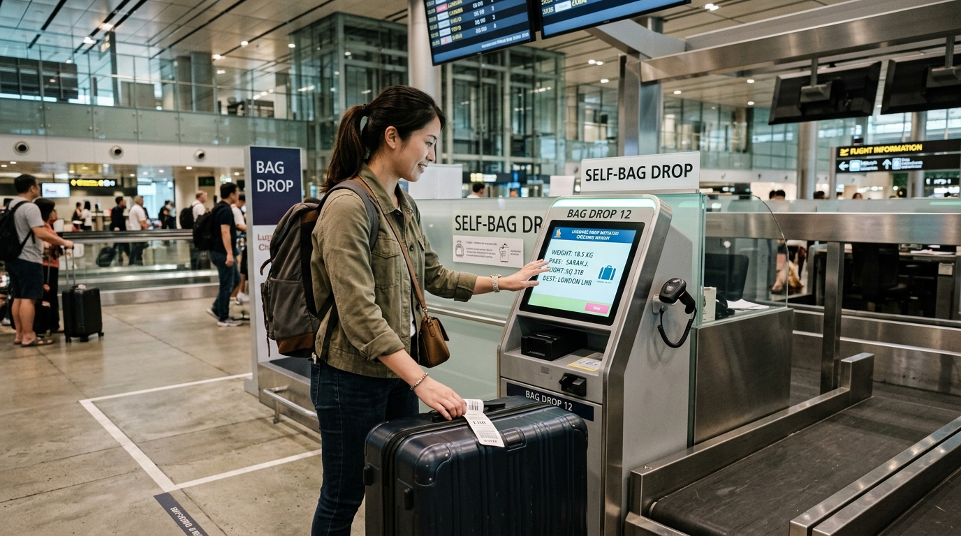 Passenger dropping luggage at an airport self check-in baggage counter
