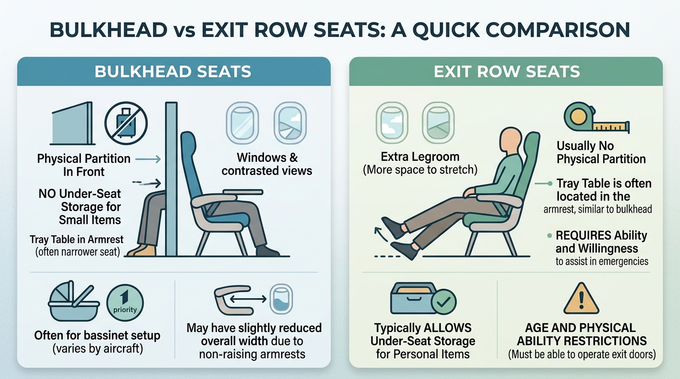 Comparison of bulkhead and exit-row airplane seats