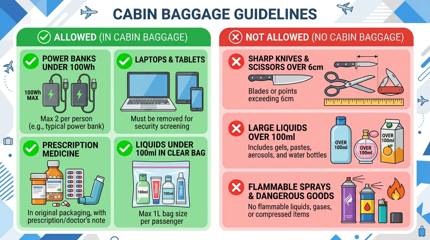 Visual packing guide showing power banks, laptops, medicines, and liquids compliant with cabin rules