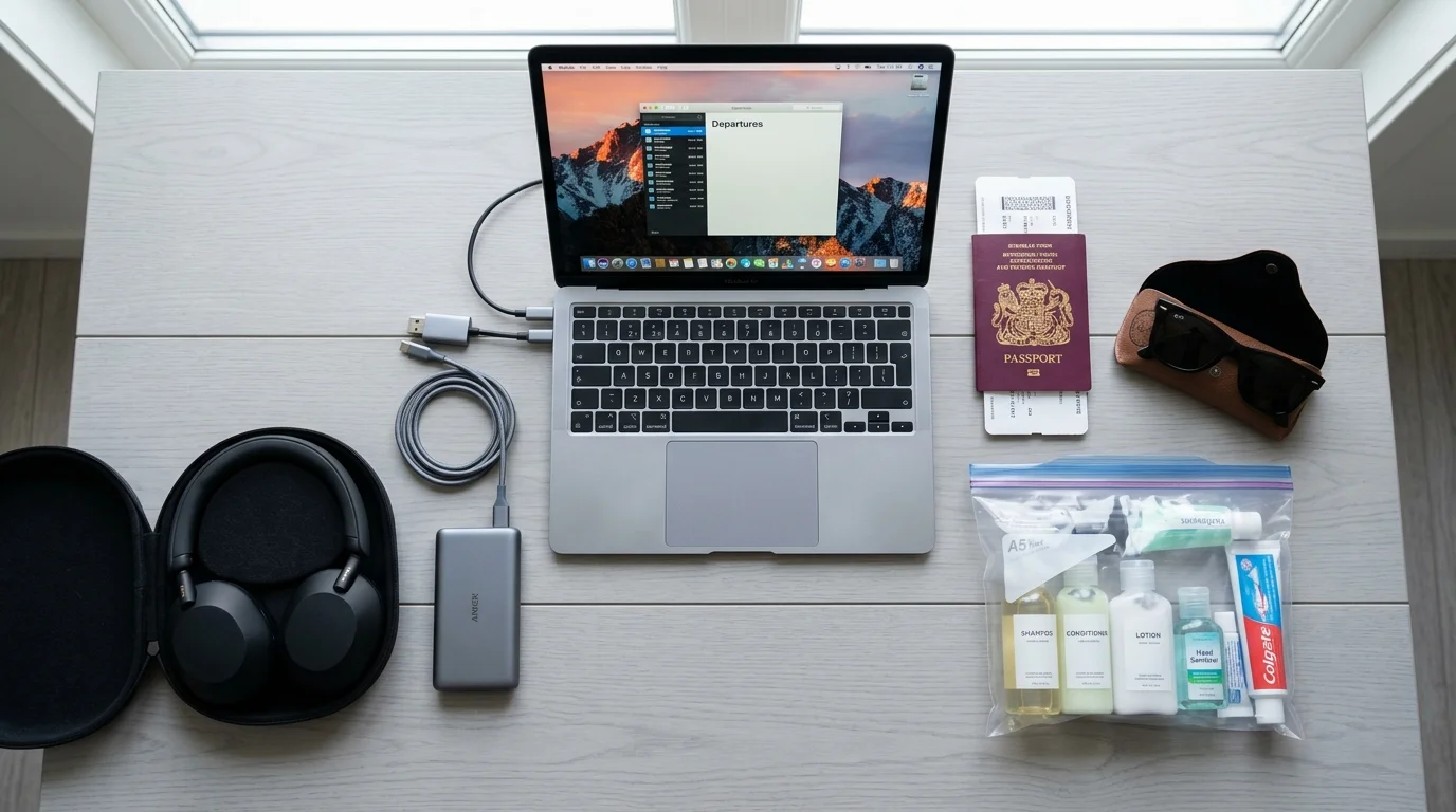 Flat lay photo of a laptop, passport, power bank, and clear liquid pouch packed for security