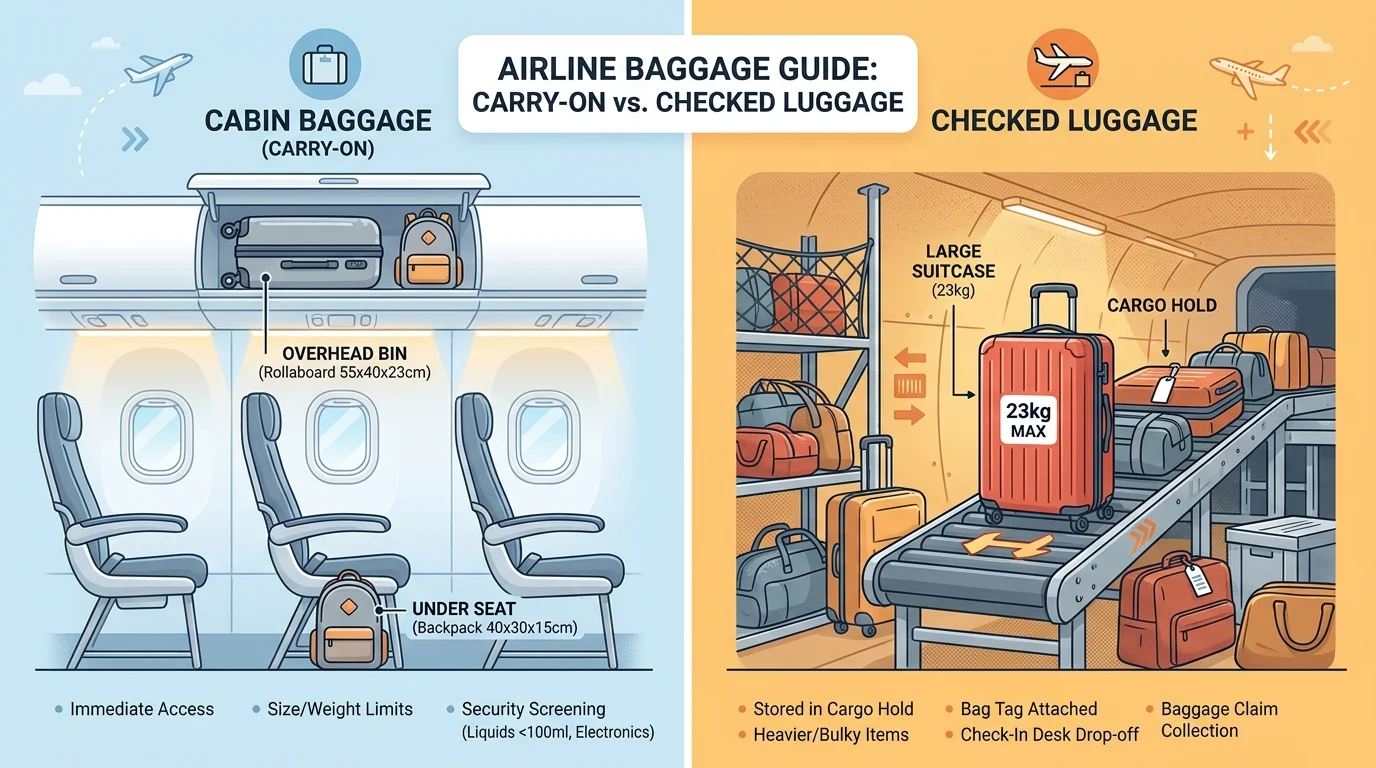 Infographic comparing cabin baggage in overhead bins with checked baggage in the cargo hold
