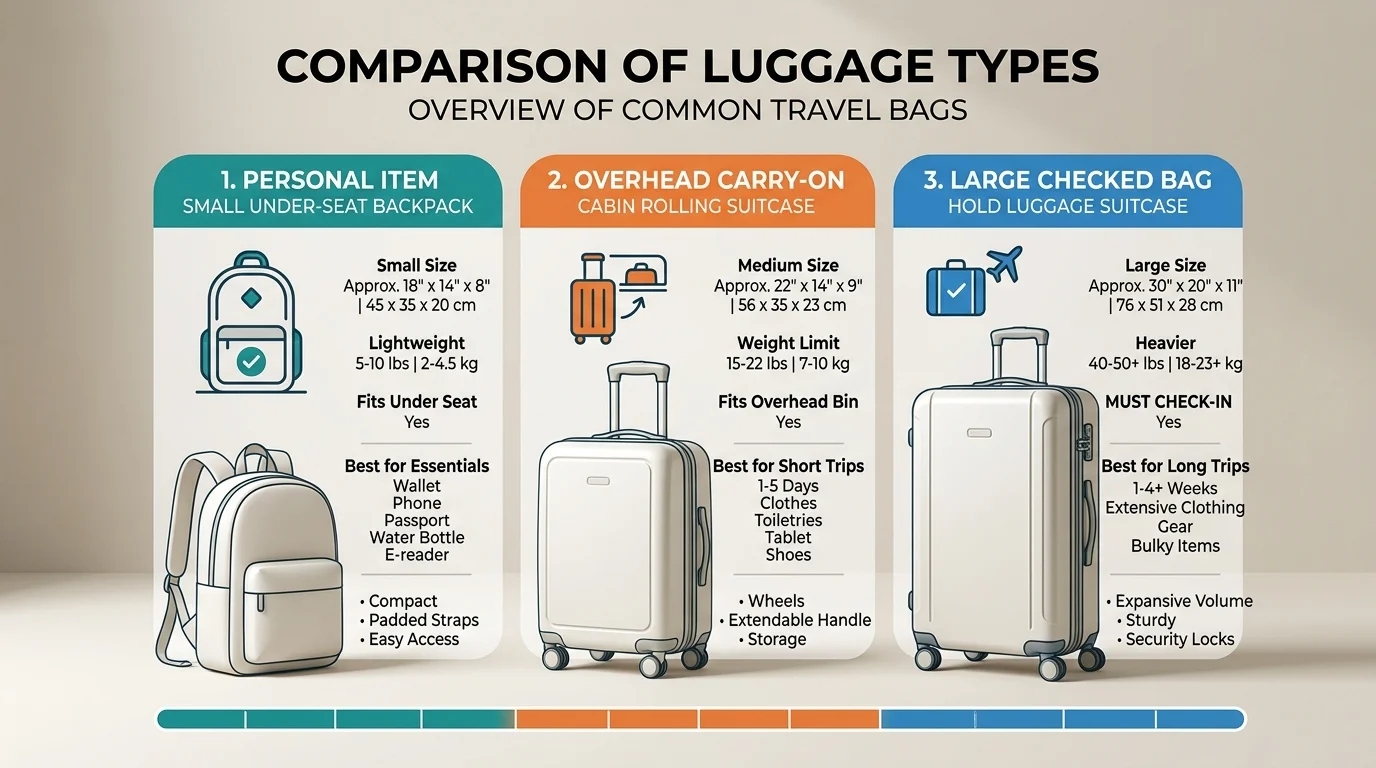 Infographic comparing the sizes, locations, and common contents of personal items, cabin bags, and checked luggage
