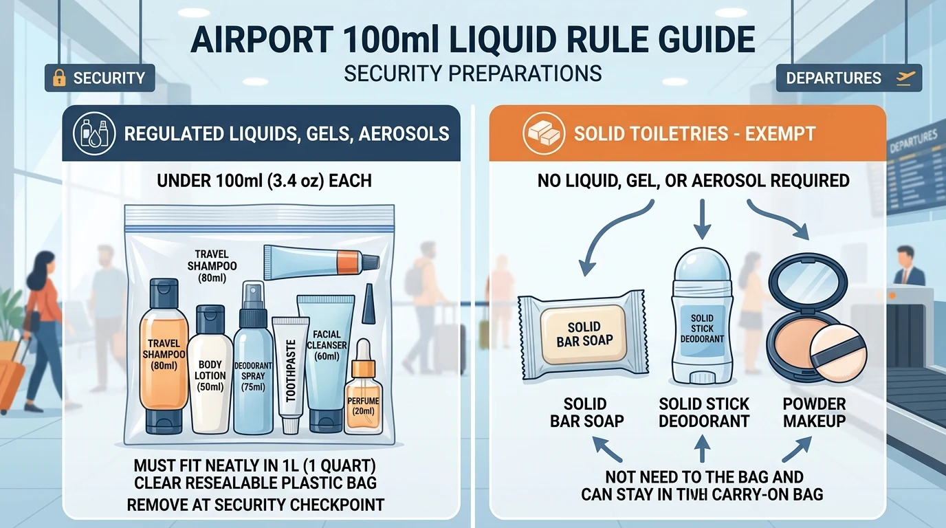 Visual guide showing the 100ml liquid container rule, 1-liter clear bag packaging, and solid toiletry exemptions for airport security