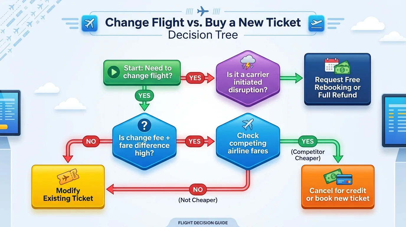 Decision matrix showing when to change an airline ticket versus booking a new flight