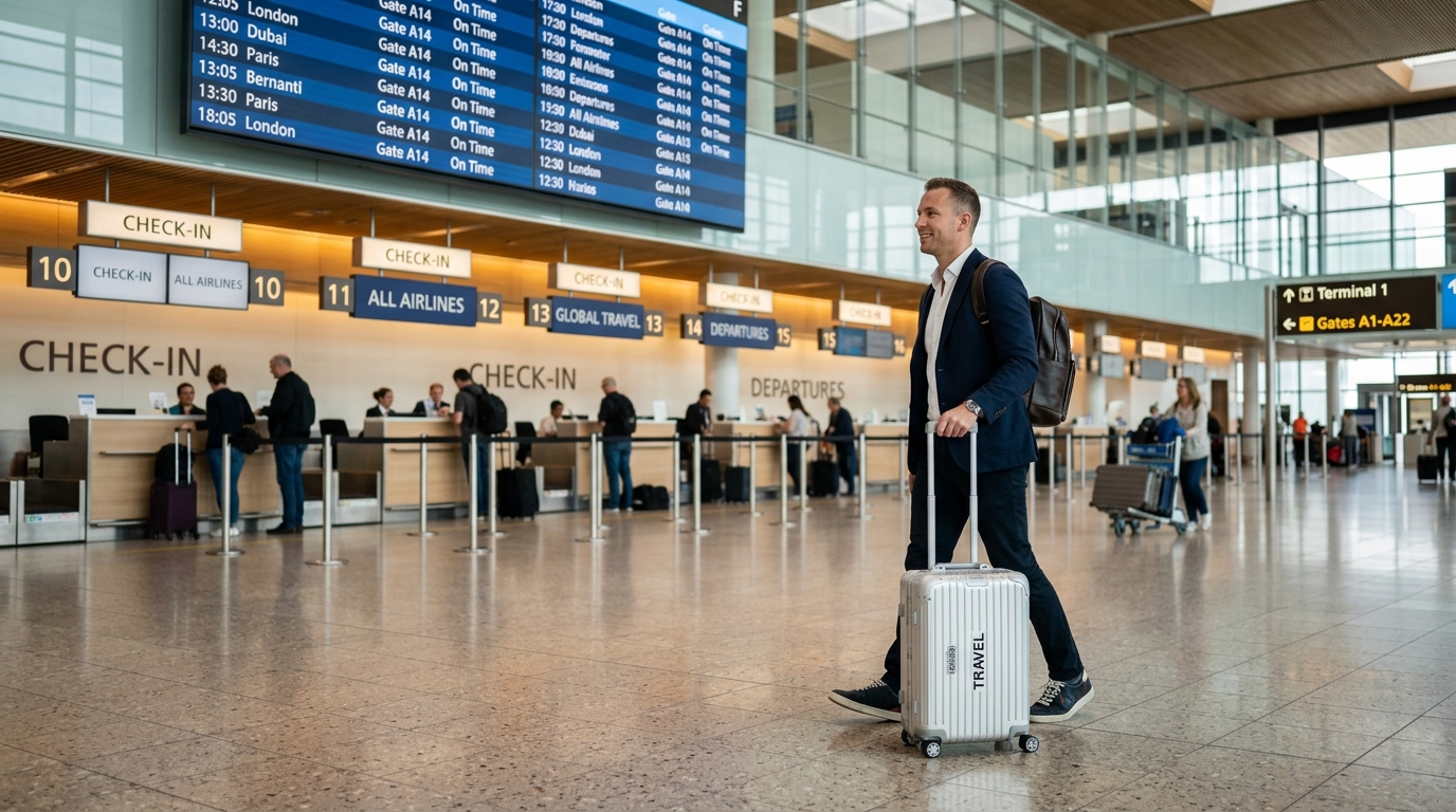 Traveler preparing for a codeshare flight at an international airport