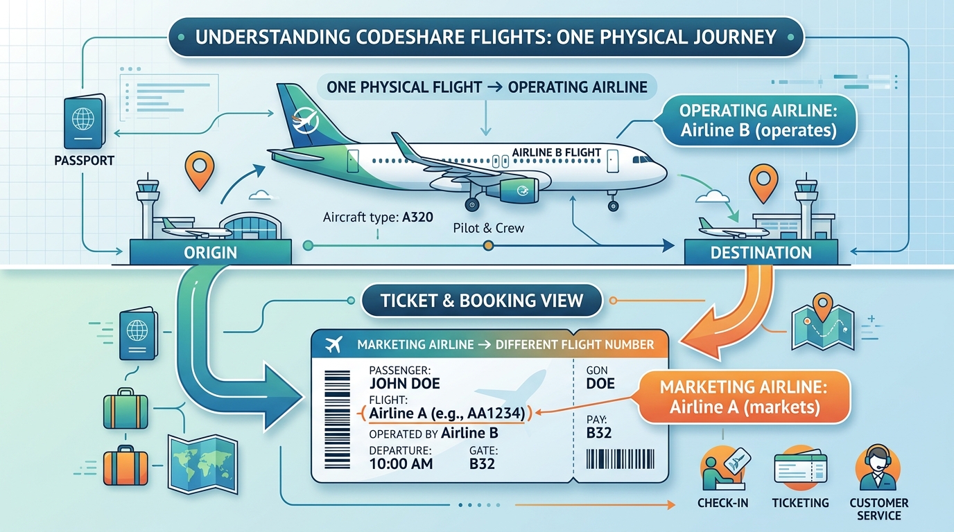 Illustration showing how a codeshare flight can have different marketing and operating airlines