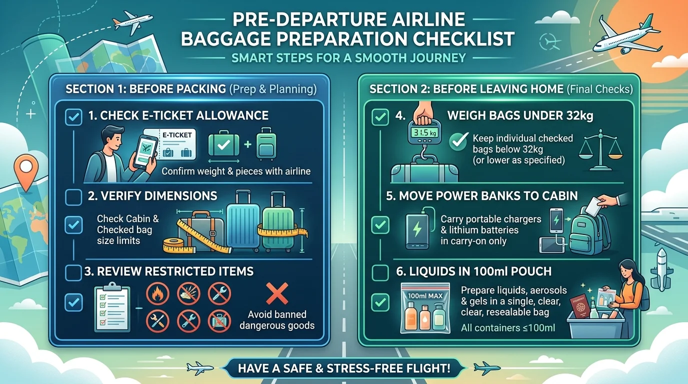 Visual checklist of pre-flight packing steps, baggage measurements, and security requirements