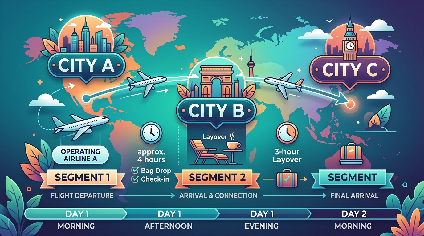 Connecting itinerary showing different operating airlines on separate flight segments