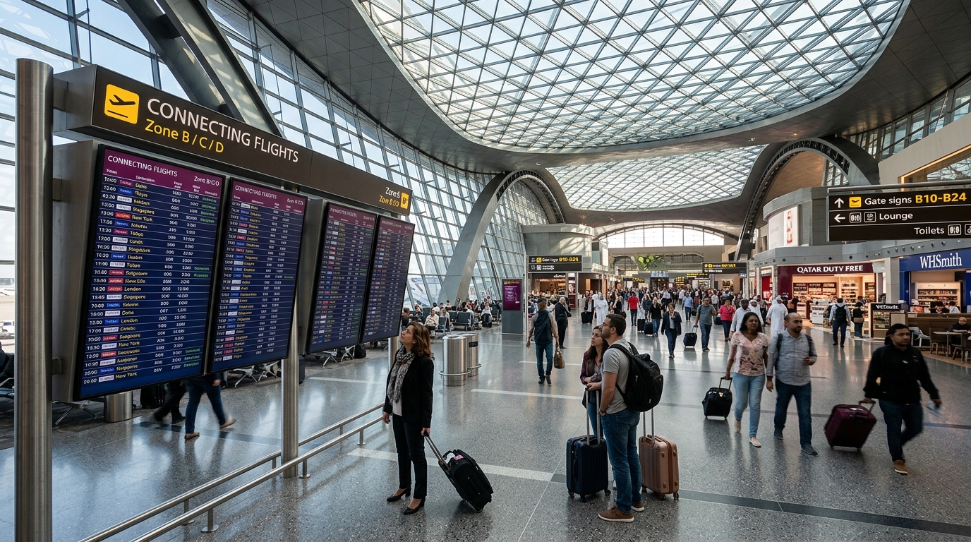 Passengers checking departure displays at a connecting flight terminal layover