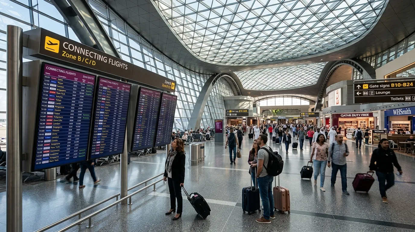 Passengers checking departure displays at a connecting flight terminal layover