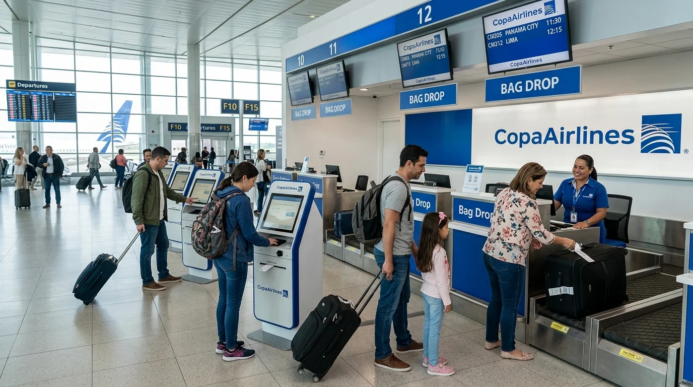 Travelers dropping luggage at the Copa Airlines airport bag drop desk and self-service kiosk area
