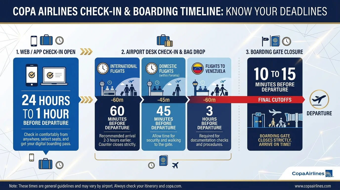 Timeline chart comparing check-in opening, baggage drop cutoff, and boarding gate closing times for Copa Airlines flights