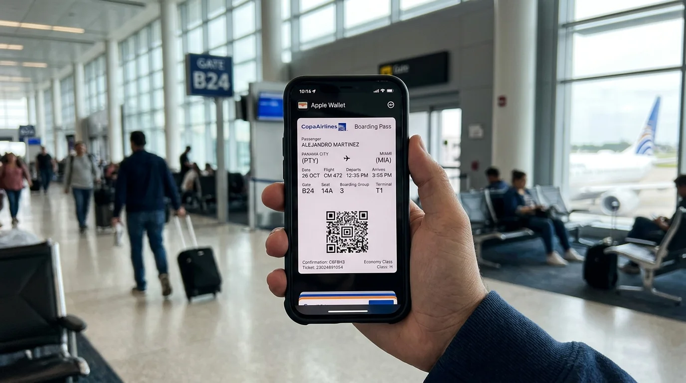Digital Copa Airlines boarding pass displayed inside a mobile smartphone wallet application