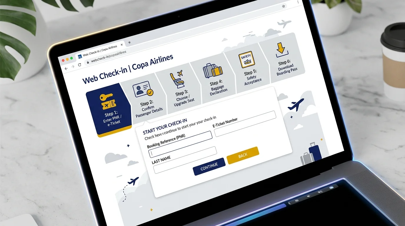 Screenshot overview of Copa Airlines web check-in workflow displaying booking reference entry and seat selection