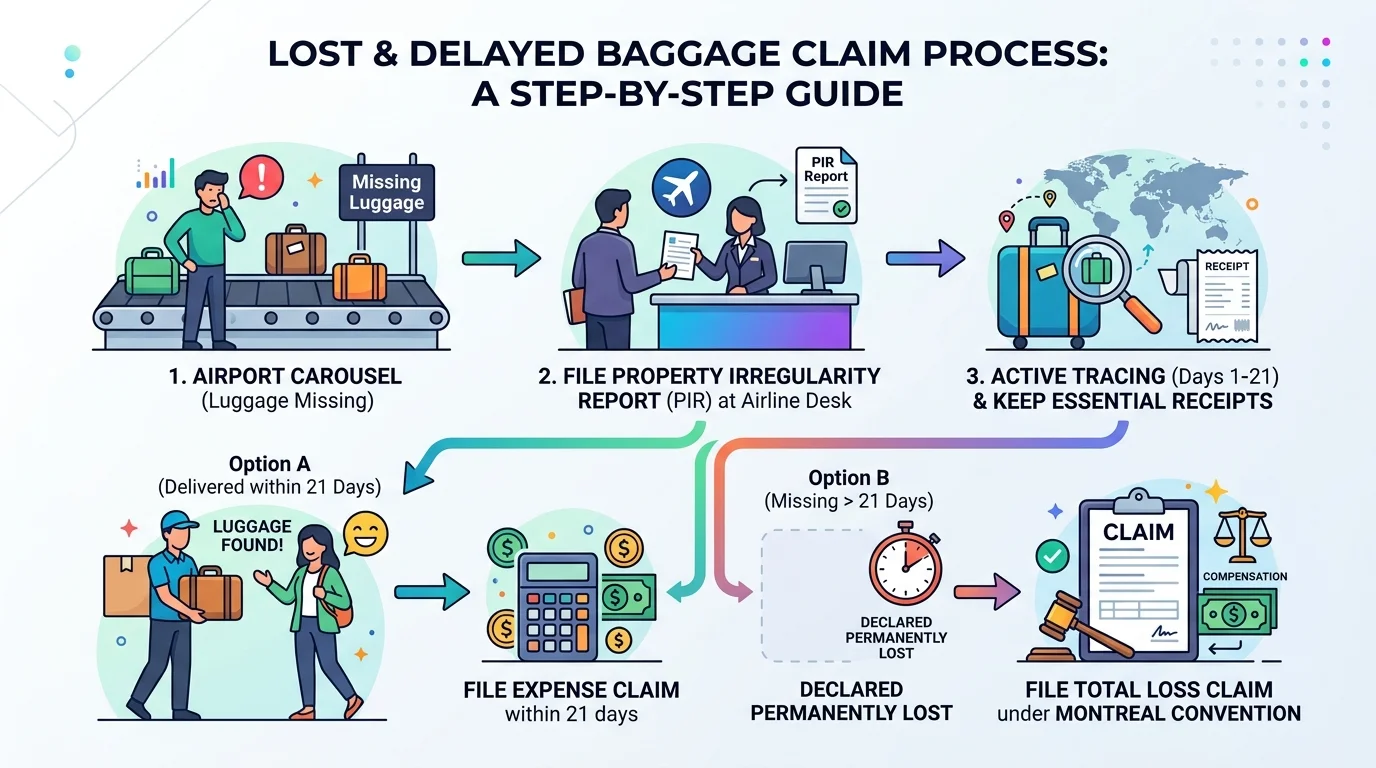 Flowchart showing the chronological steps to claim reimbursement for delayed or lost airline baggage