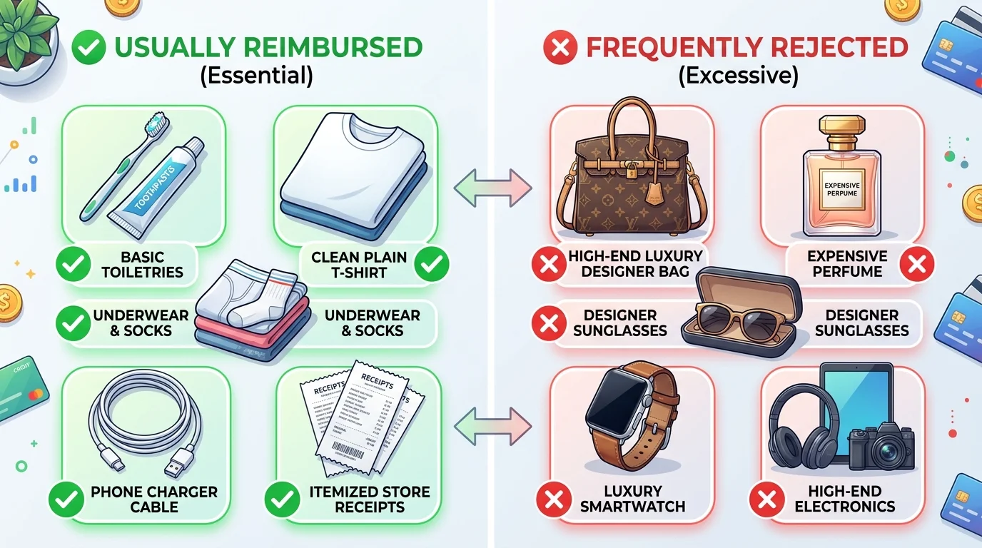 Visual comparison of reimbursable essential clothing and non-reimbursable luxury items during a baggage delay