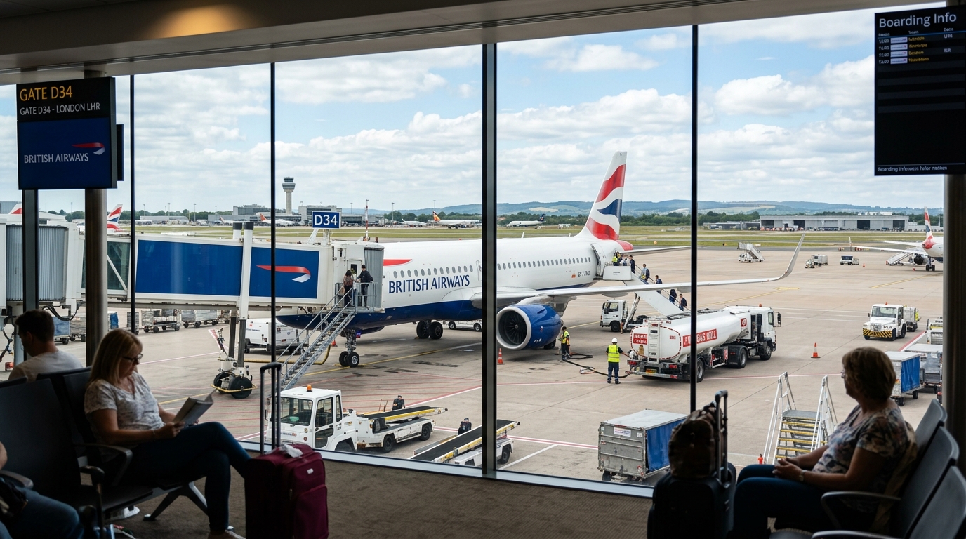 Direct flight aircraft parked at gate during intermediate transit stop