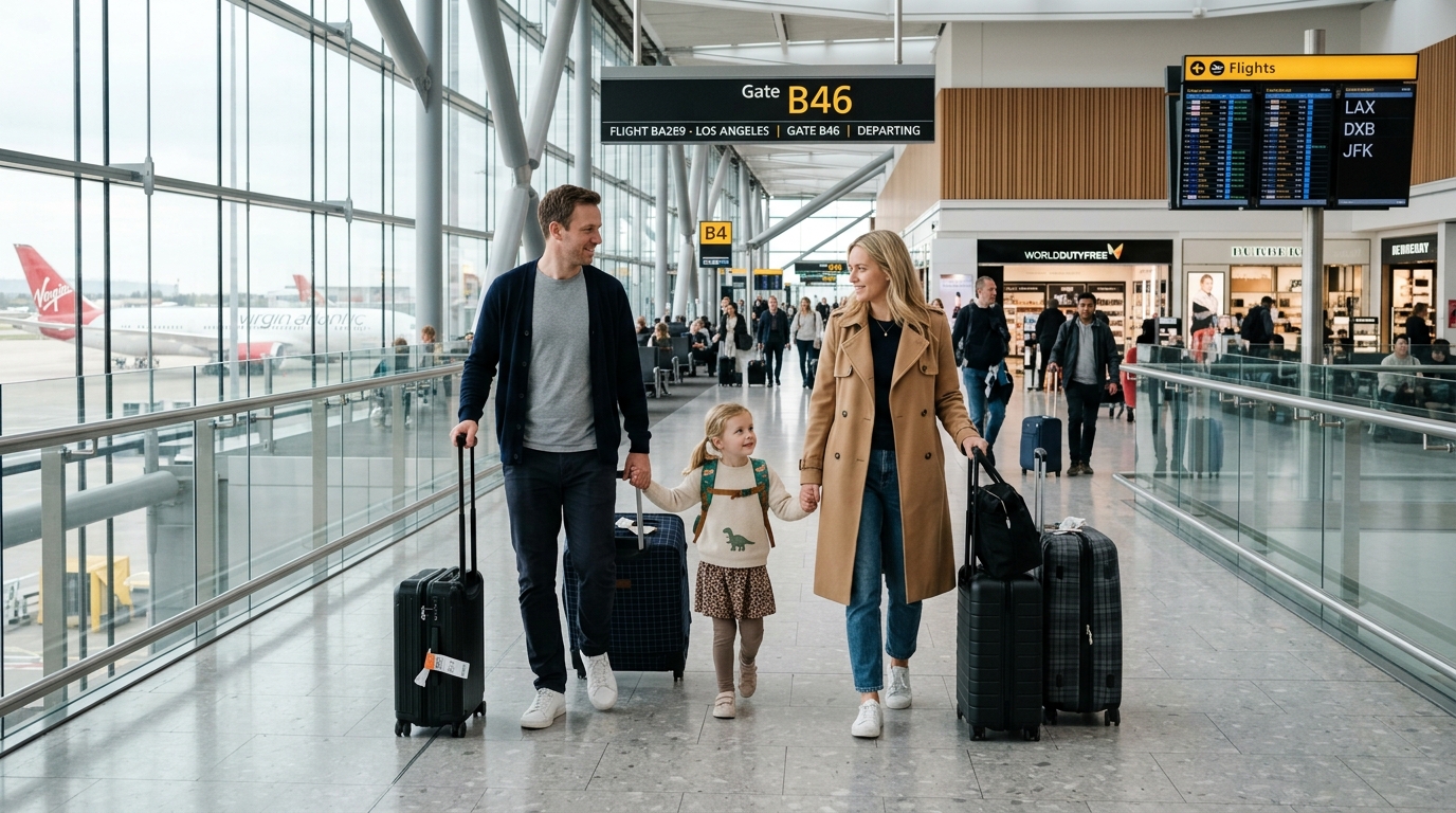Family arriving early at an international airport with luggage