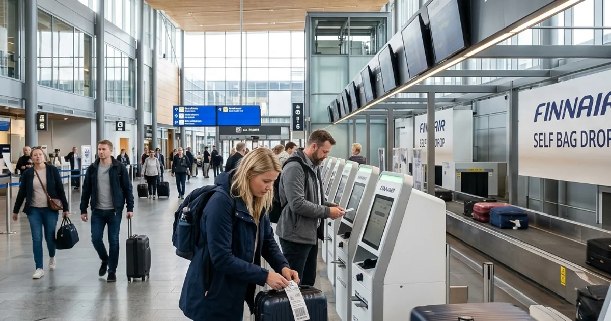 Finnair self-service check-in kiosks and Bag Drop belts at Helsinki Airport