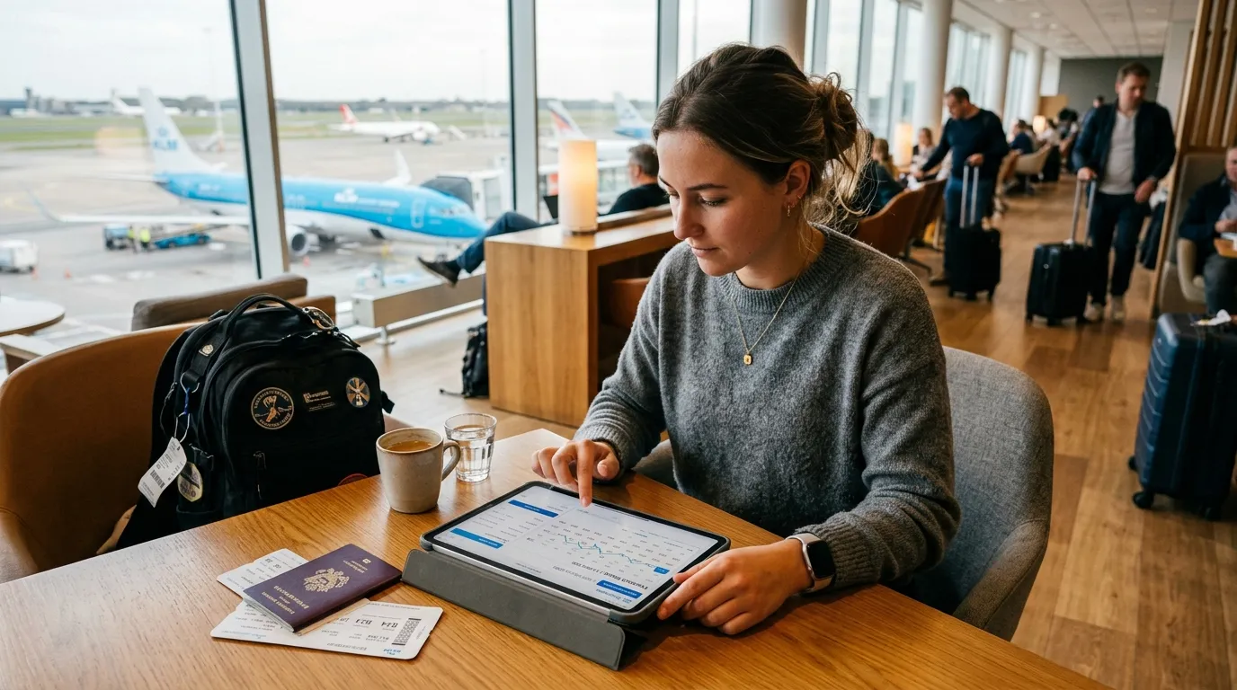 Traveler comparing flexible flight dates and price trends on a tablet