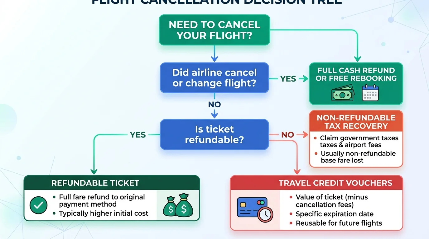 Decision framework diagram guiding travelers whether to cancel, change, or claim a refund.